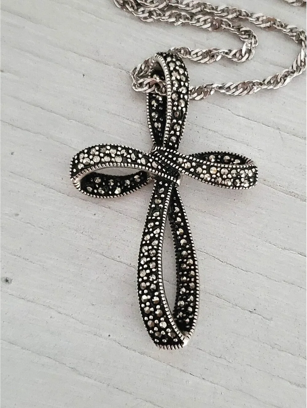 Vintage Sterling Silver Ribbon Marcasite Cross Necklace